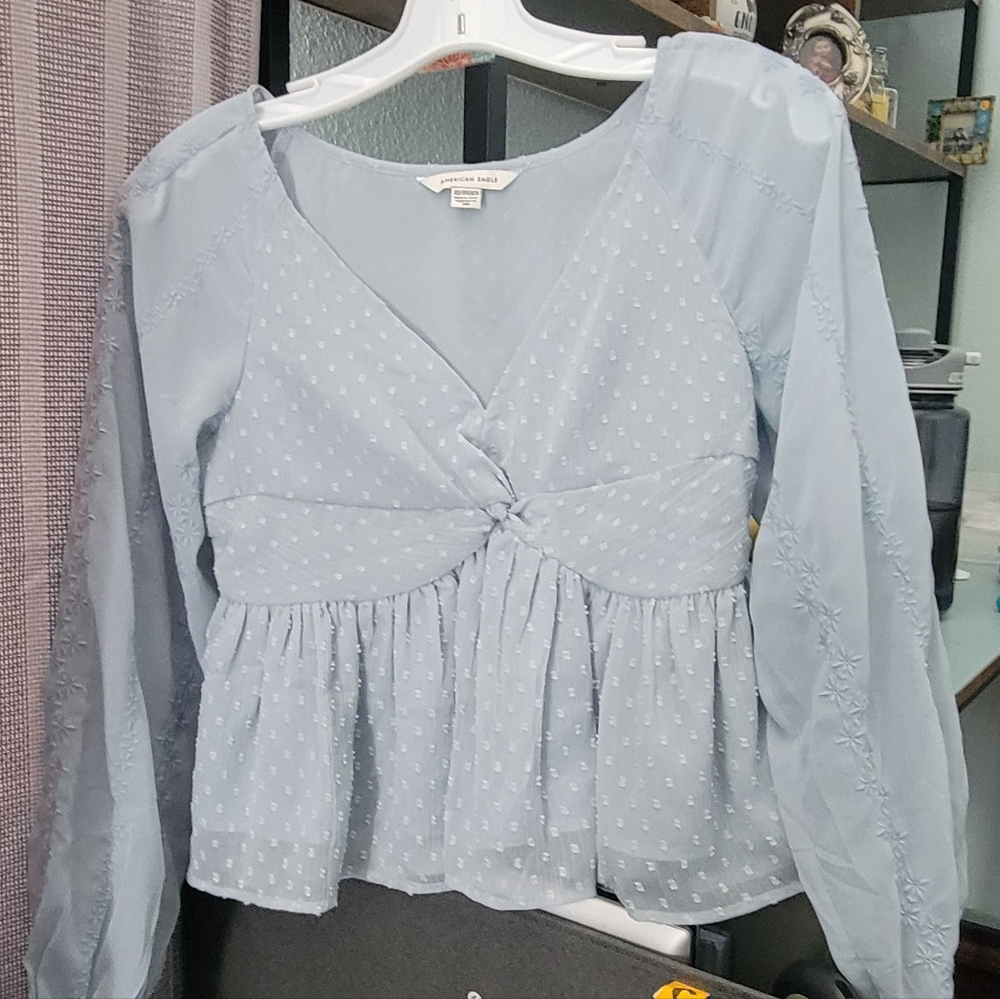 Women's xs baby blue floral embroidered blouse